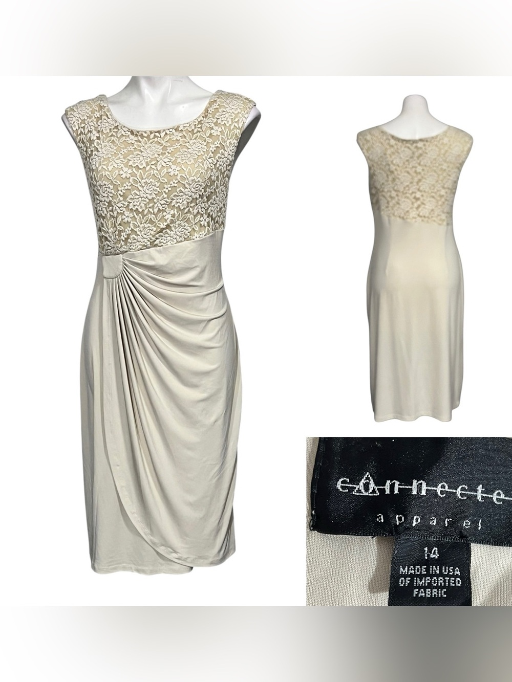 connected apparel dress 14 beige Lace‎ Bodice Draped faux wrap stretch